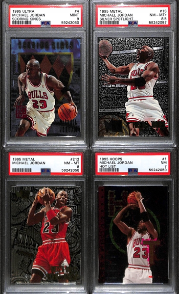 (4) Michael Jordan Cards - 1995 Ultra Scoring Kings #4 (PSA 9), 1995 Metal Silver Spotlight (PSA 8.5), 1995 Metal #212 (PSA 8), 1995 Hoops Hot List (PSA 7)
