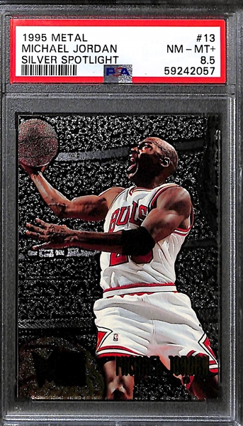 (4) Michael Jordan Cards - 1995 Ultra Scoring Kings #4 (PSA 9), 1995 Metal Silver Spotlight (PSA 8.5), 1995 Metal #212 (PSA 8), 1995 Hoops Hot List (PSA 7)