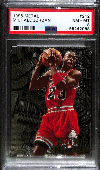 (4) Michael Jordan Cards - 1995 Ultra Scoring Kings #4 (PSA 9), 1995 Metal Silver Spotlight (PSA 8.5), 1995 Metal #212 (PSA 8), 1995 Hoops Hot List (PSA 7)