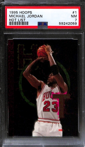 (4) Michael Jordan Cards - 1995 Ultra Scoring Kings #4 (PSA 9), 1995 Metal Silver Spotlight (PSA 8.5), 1995 Metal #212 (PSA 8), 1995 Hoops Hot List (PSA 7)