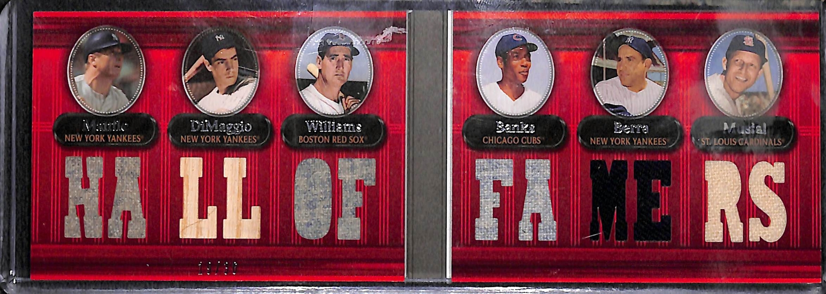 2007 Topps Triple Threads 6 HOFer Relic Booklet Card (Mantle, DiMaggio, Williams, Banks, Berra, Musial) #ed 19/36
