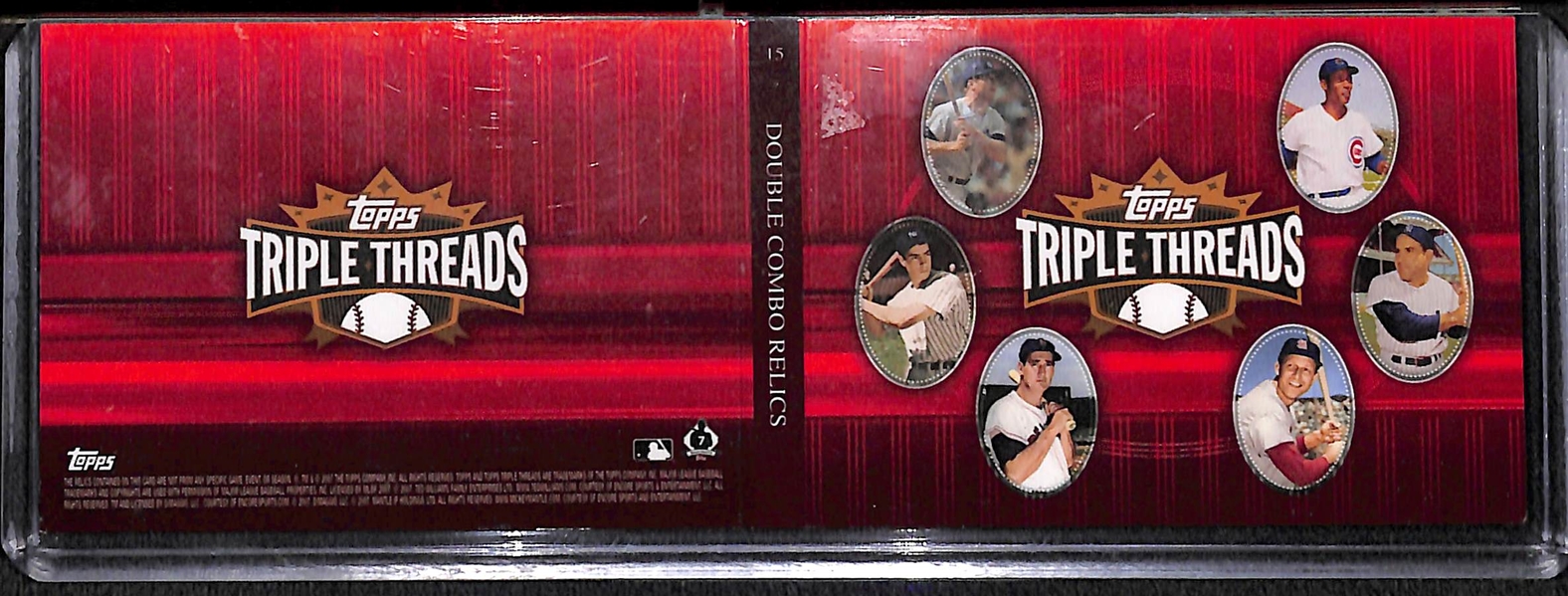 2007 Topps Triple Threads 6 HOFer Relic Booklet Card (Mantle, DiMaggio, Williams, Banks, Berra, Musial) #ed 19/36