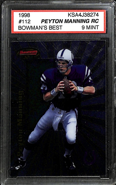 Lot of (3) 1998 Peyton Manning Rookie Cards - 2 Bowman's Best (BGS Raw Grade 9.5 and KSA 9), Playoff Prestige Red PGA 10