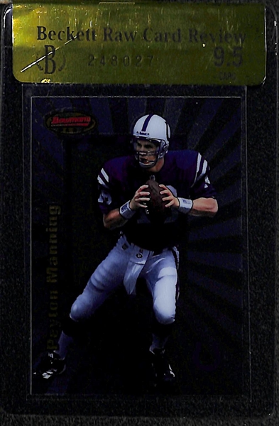 Lot of (3) 1998 Peyton Manning Rookie Cards - 2 Bowman's Best (BGS Raw Grade 9.5 and KSA 9), Playoff Prestige Red PGA 10