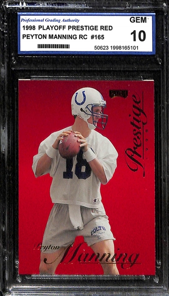 Lot of (3) 1998 Peyton Manning Rookie Cards - 2 Bowman's Best (BGS Raw Grade 9.5 and KSA 9), Playoff Prestige Red PGA 10