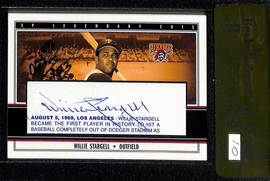 2007 Topps Sterling Yogi Berra Autographed Quad Patch (#8/10) & 2003 SP Legendary Cuts Willie Stargell Cut Autograph Card #ed /153 (BGS 9.5 Raw Grade)