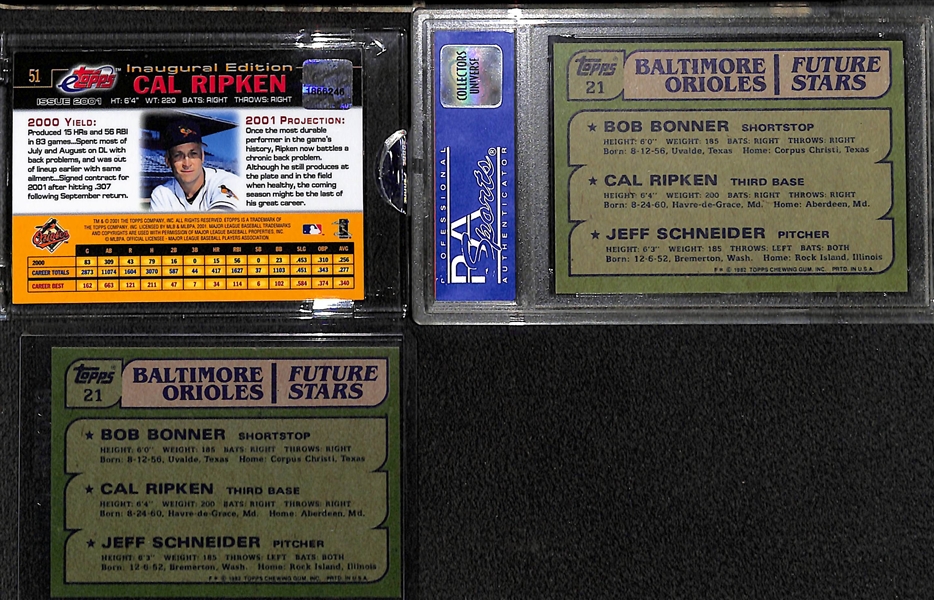 Lot of (3) Cal Ripken Cards - 2001 eTopps Autograph Card (Only 99 Made), and (2) 1981 Topps Rookies (PSA 7 and Non-Graded)
