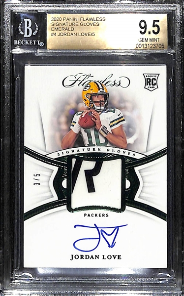 2020 Panini Flawless Jordan Love Signature Glove Patch Rookie Card (Green Emerald #ed 3/5)