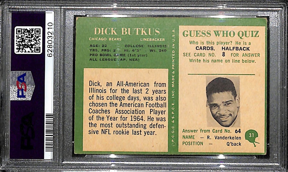 1966 Philadelphia Dick Butkus Rookie Card #31 Graded PSA 4