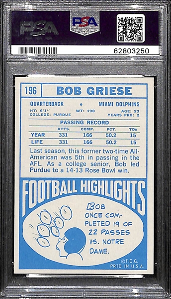 1968 Topps Bob Griese Rookie Card #196 Graded PSA 8