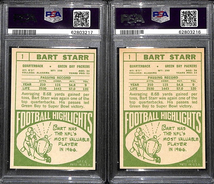 Lot of (2) 1968 Topps Bart Starr Football Cards (Card #1)- Both Graded PSA 7