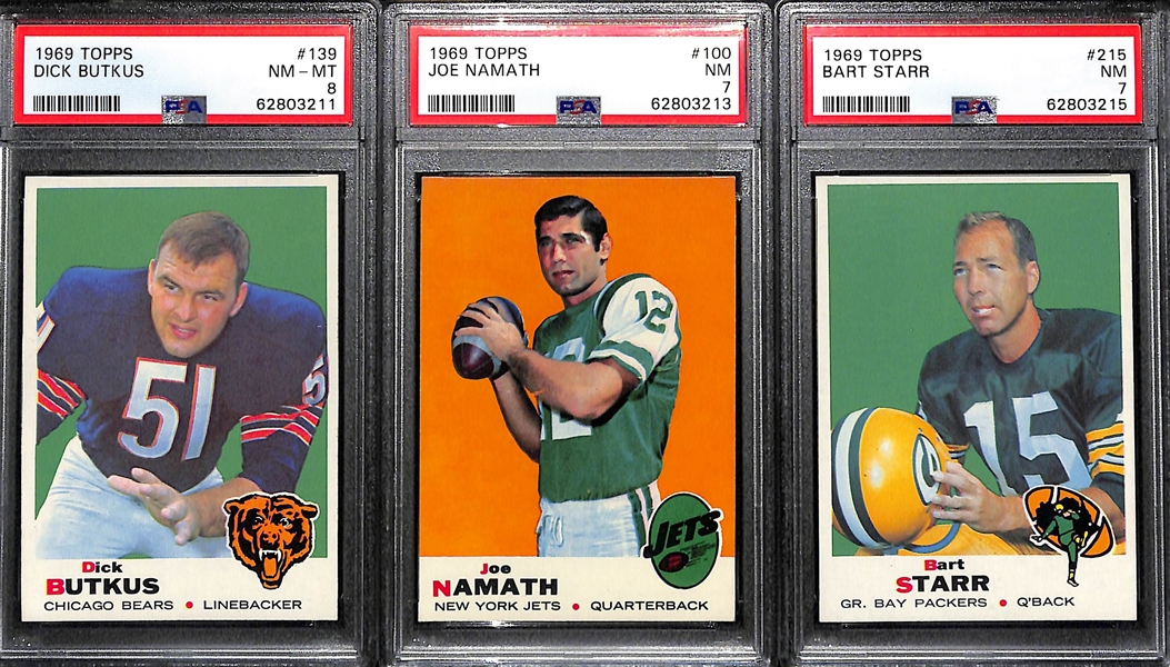 (3) 1968 Topps Football Cards - Butkus #139 PSA 8, Namath #100 PSA 7, and Starr #215 PSA 7