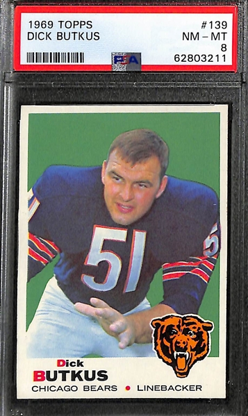 (3) 1968 Topps Football Cards - Butkus #139 PSA 8, Namath #100 PSA 7, and Starr #215 PSA 7