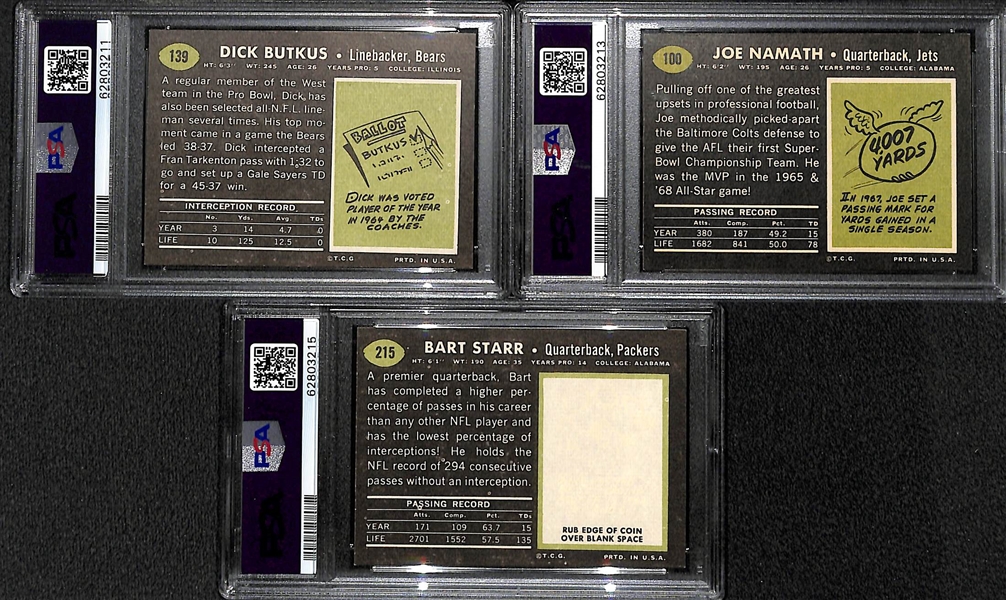 (3) 1968 Topps Football Cards - Butkus #139 PSA 8, Namath #100 PSA 7, and Starr #215 PSA 7