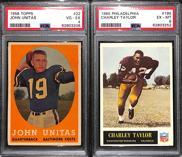 1958 Topps Johnny Unitas #22 (PSA 4) & 1965 Topps Charley Taylor Rookie #195 (PSA 6)