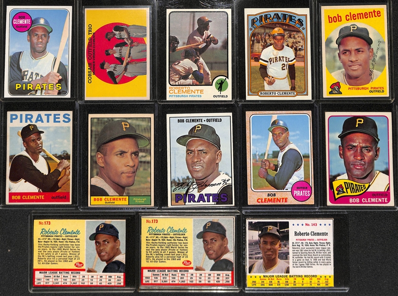 Lot of (13) Roberto Clemente 1950s, 60s and 70s Cards