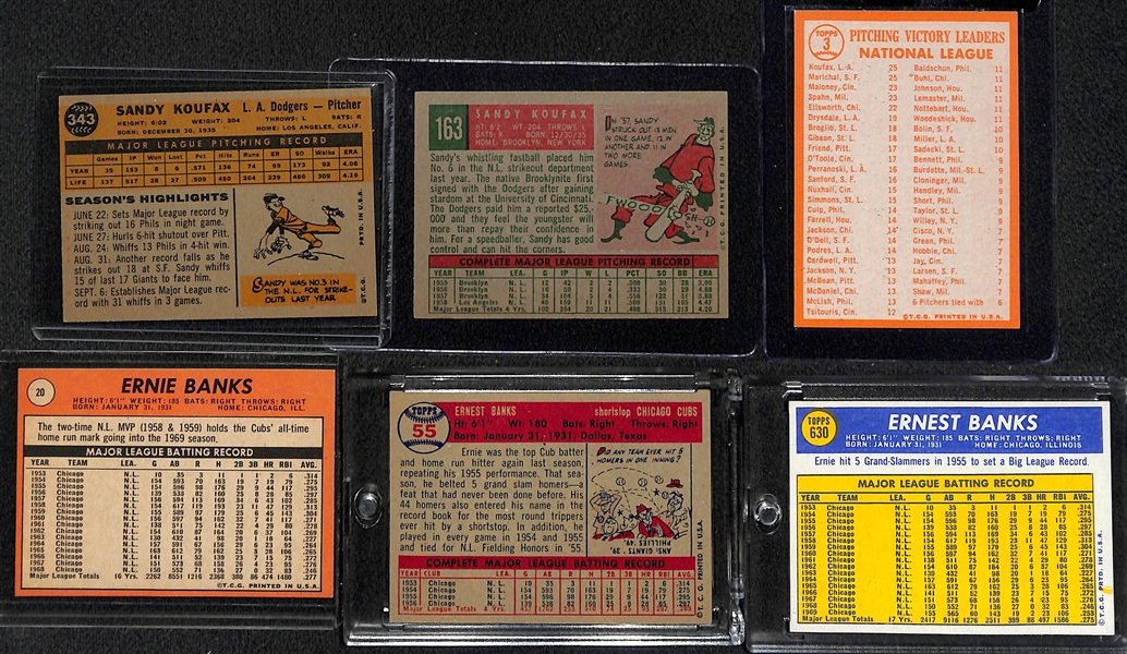 Lot of (6) Vintage 1950s/60s/70s Sandy Koufax and Ernie Banks Baseball Cards