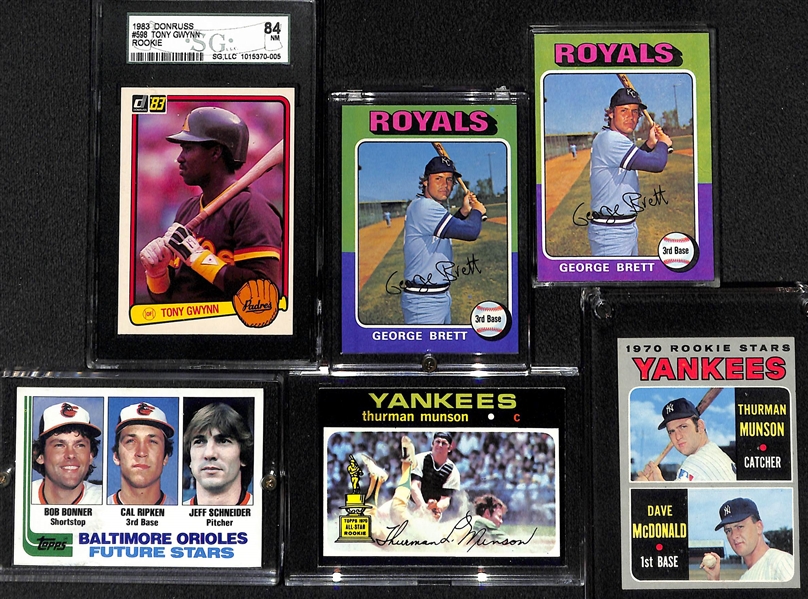 Lot of (6) 1970s and 80s Rookie HOFers Tony Gwynn, George Brett, Cal Ripken and Thurman Munson 