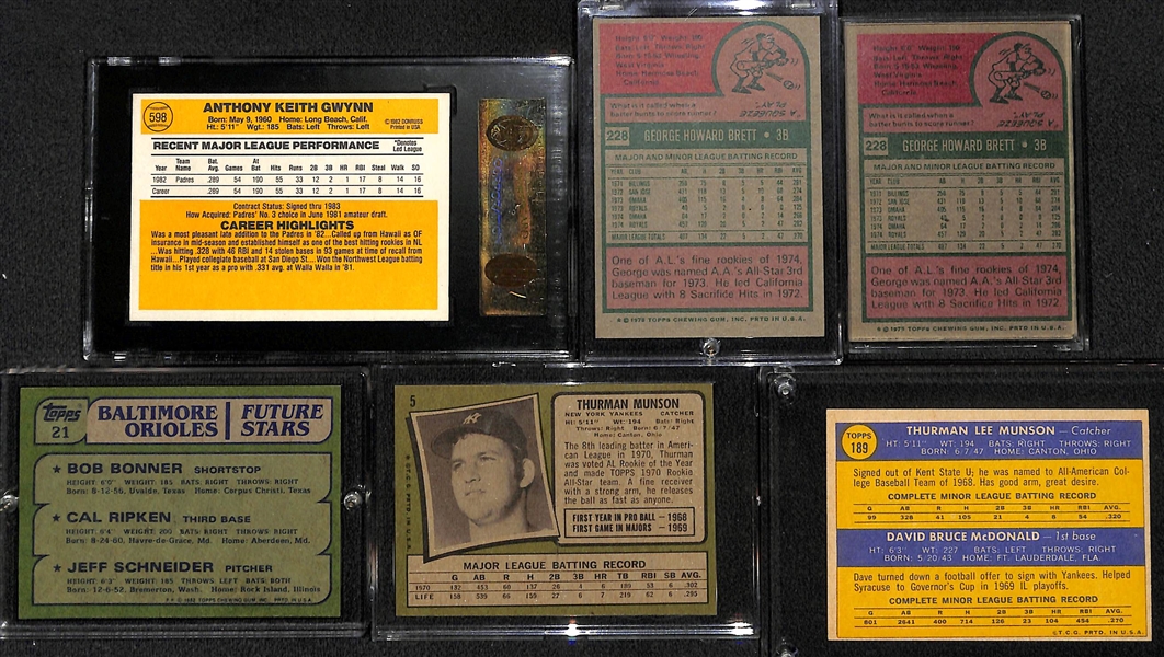 Lot of (6) 1970s and 80s Rookie HOFers Tony Gwynn, George Brett, Cal Ripken and Thurman Munson 