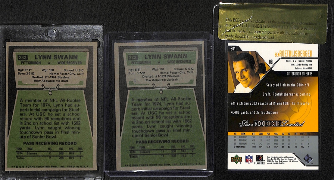 (3) Pittsburgh Steelers Rookies w/ (2) 1975 Lynn Swann and 2004 Upper Deck Ben Roethlisberger Beckett RCR 9.5