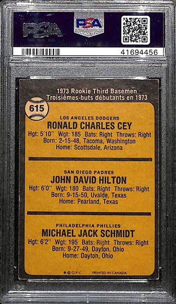 Rare 1973 O-Pee-Chee Mike Schmidt Rookie Card #615 Graded PSA 3.5 (Card Presents Much Better Than Grade!)