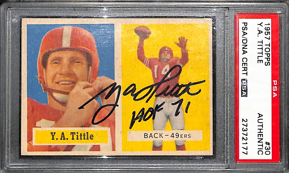 Rare 1957 Topps Y.A. Tittle Signed Card #30 w. HOF 71 Inscription - PSA/DNA Authentic Autograph