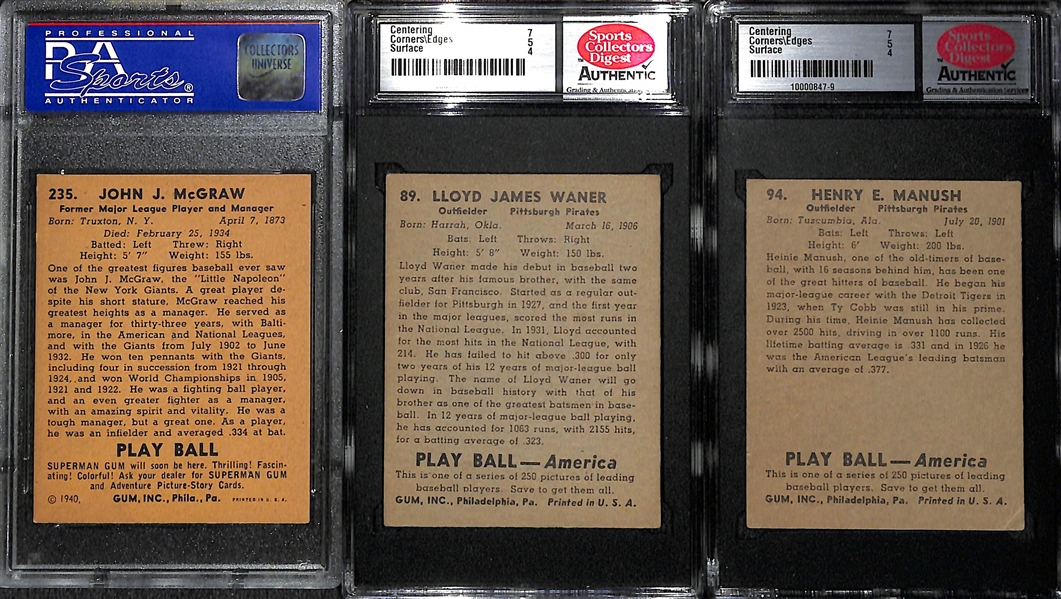 Lot of (3) 1939 and 1940 Play Ball Baseball Cards Featuring John J. McGraw Graded PSA 6 EX-MT