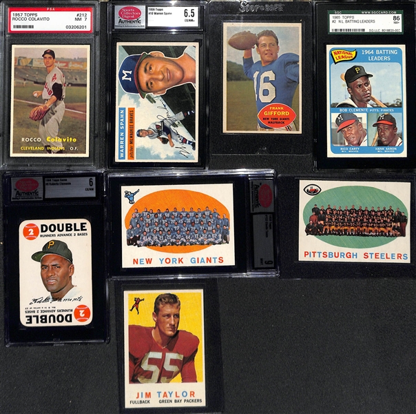 Lot of (8) Mostly 1950s Baseball and Football Cards Inc. 1957 Colavito Graded PSA 7, Spahn, Gifford, Clemente 