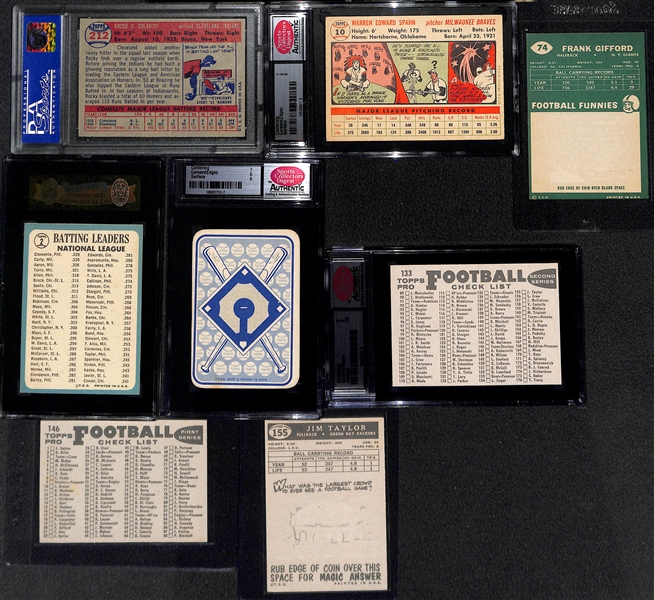Lot of (8) Mostly 1950s Baseball and Football Cards Inc. 1957 Colavito Graded PSA 7, Spahn, Gifford, Clemente 