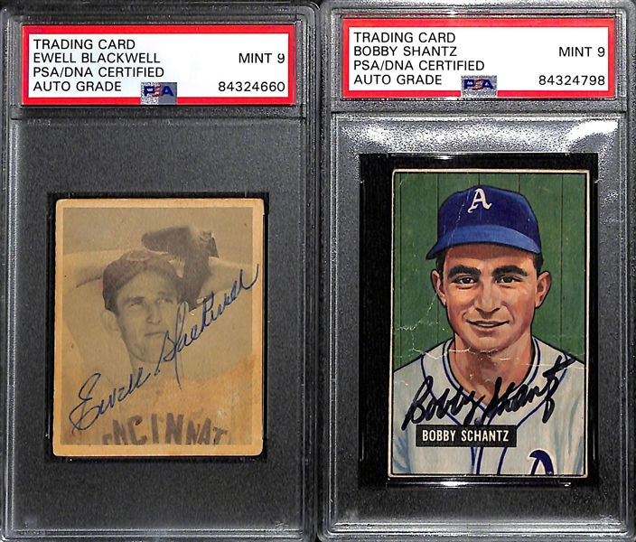 Bowman Autograph Card Lot (4) w. 1948 Blackwell Rookie, 1951 Shantz, 1951 Dark, 1951 Furillo (PSA/DNA Encased)