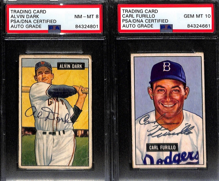 Bowman Autograph Card Lot (4) w. 1948 Blackwell Rookie, 1951 Shantz, 1951 Dark, 1951 Furillo (PSA/DNA Encased)