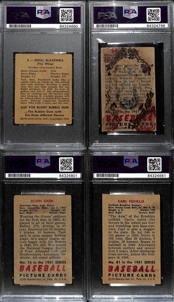 Bowman Autograph Card Lot (4) w. 1948 Blackwell Rookie, 1951 Shantz, 1951 Dark, 1951 Furillo (PSA/DNA Encased)