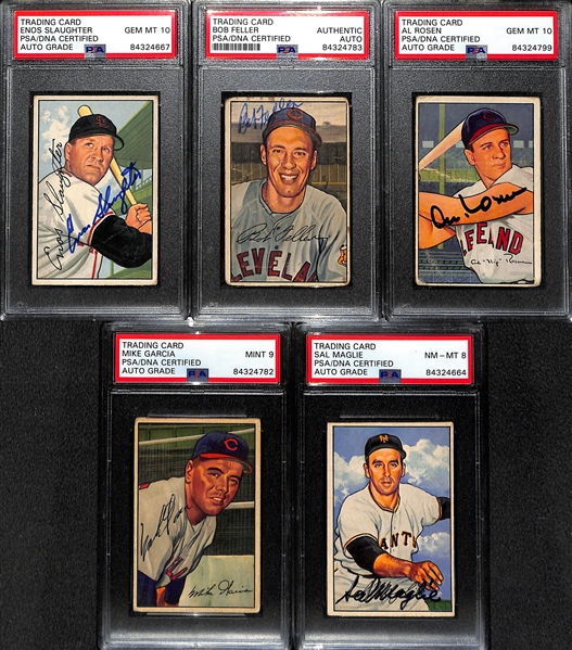 1952 Bowman Autograph Card Lot (5) w. Slaughter, Feller, Rosen, Garcia, and Maglie (PSA/DNA Encased)
