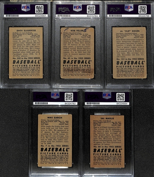 1952 Bowman Autograph Card Lot (5) w. Slaughter, Feller, Rosen, Garcia, and Maglie (PSA/DNA Encased)