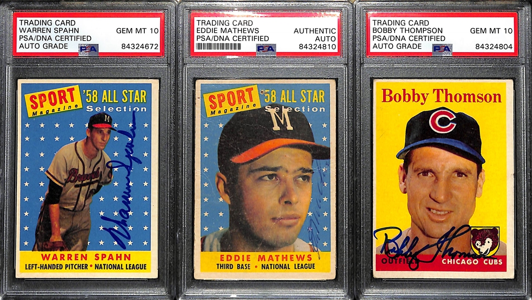 1958 Topps Signed Lot - Spahn, Mathews, & Thomson (PSA/DNA Encased w. 2 Gem Mint Auto Grades)