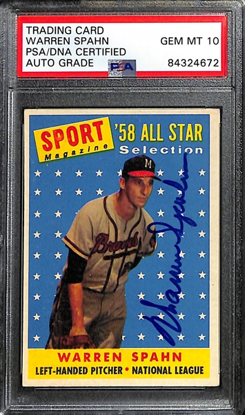 1958 Topps Signed Lot - Spahn, Mathews, & Thomson (PSA/DNA Encased w. 2 Gem Mint Auto Grades)