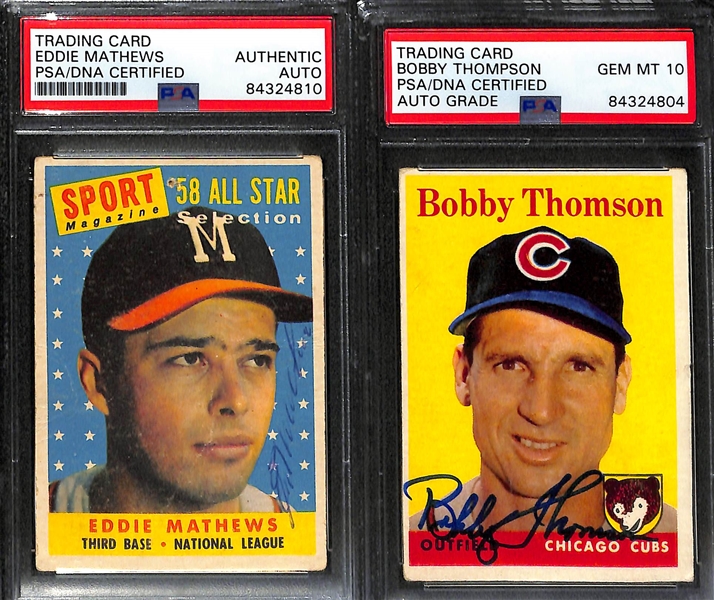 1958 Topps Signed Lot - Spahn, Mathews, & Thomson (PSA/DNA Encased w. 2 Gem Mint Auto Grades)