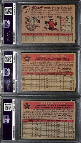1958 Topps Signed Lot - Spahn, Mathews, & Thomson (PSA/DNA Encased w. 2 Gem Mint Auto Grades)