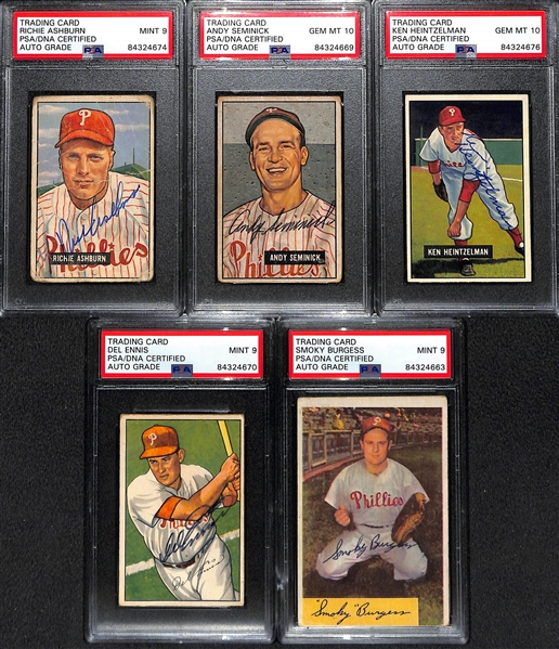 Phillies 1951-1954 Bowman Signed Card Lot (5) w. 1951 Bowman (Ashburn, Seminick, Heintzelman), 1952 Bowman Ennis, 1954 Bowman Burgess - All PSA/DNA Encased
