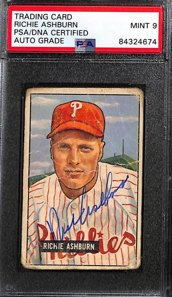 Phillies 1951-1954 Bowman Signed Card Lot (5) w. 1951 Bowman (Ashburn, Seminick, Heintzelman), 1952 Bowman Ennis, 1954 Bowman Burgess - All PSA/DNA Encased