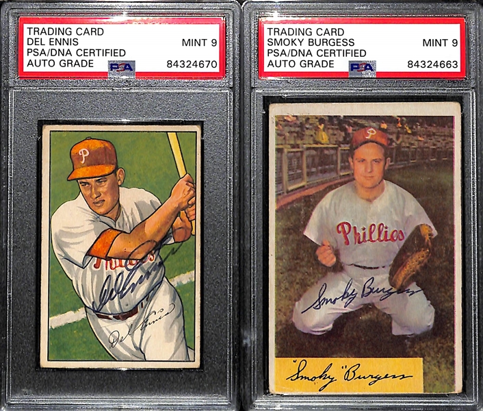 Phillies 1951-1954 Bowman Signed Card Lot (5) w. 1951 Bowman (Ashburn, Seminick, Heintzelman), 1952 Bowman Ennis, 1954 Bowman Burgess - All PSA/DNA Encased