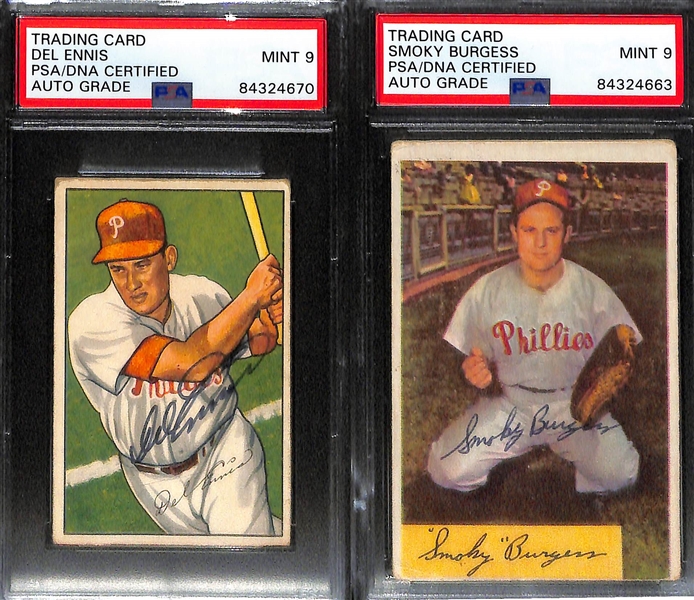 Phillies 1951-1954 Bowman Signed Card Lot (5) w. 1951 Bowman (Ashburn, Seminick, Heintzelman), 1952 Bowman Ennis, 1954 Bowman Burgess - All PSA/DNA Encased