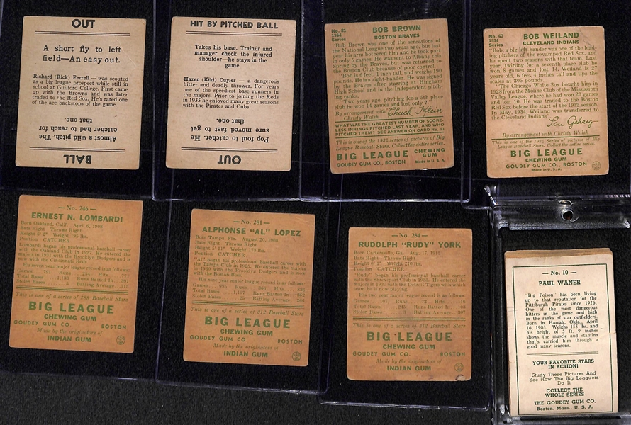 1934-1938 Goudey Baseball Lot w. Ferrell, Cuyler, Lombardi, Lopez, P. Waner, York, Weiland, B.Brown