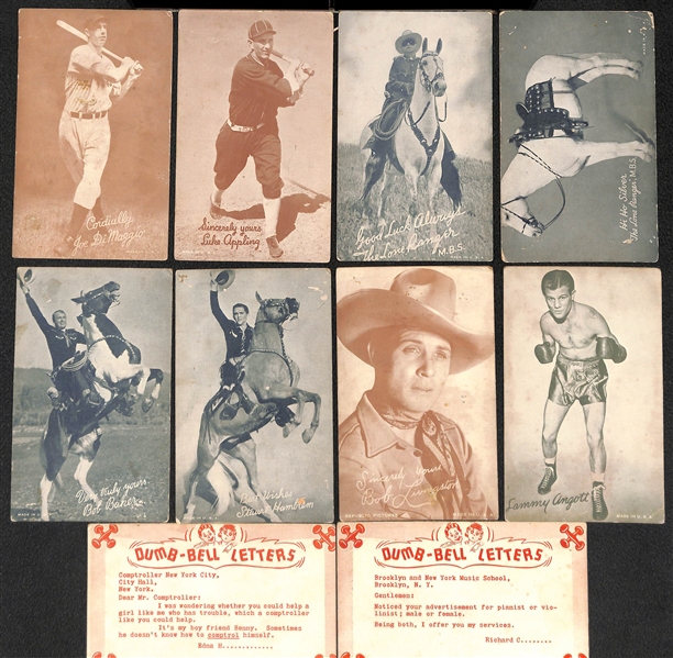 Lot of (8) Vintage Exhibit Cards w. Joe DiMaggio, L. Appling, Lone Ranger, Silver, Bob Baker, Sammy Angott, +