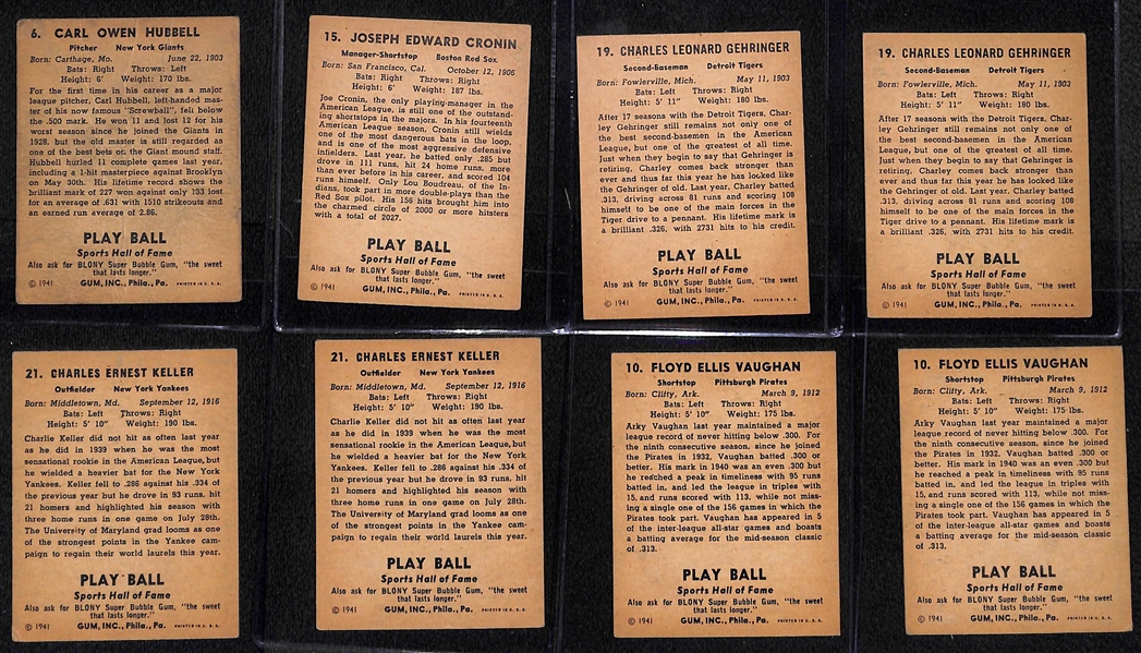 (17) 1941 Play Ball Cards w. Hubbell, (2) Gehringer, (2) Keller, Cronin, (2) Vaughan, Eddie Miller (Card #1), +