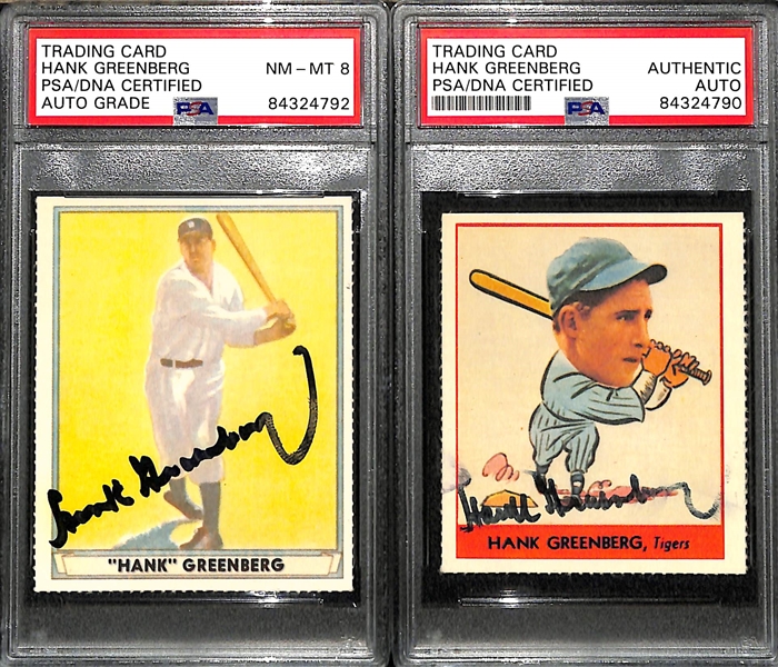Lot of (2) Hank Greenberg Signed Dover Reprint Cards (Both PSA/DNA Encased)