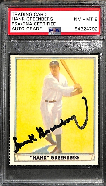 Lot of (2) Hank Greenberg Signed Dover Reprint Cards (Both PSA/DNA Encased)