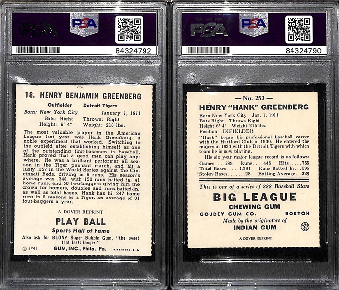 Lot of (2) Hank Greenberg Signed Dover Reprint Cards (Both PSA/DNA Encased)