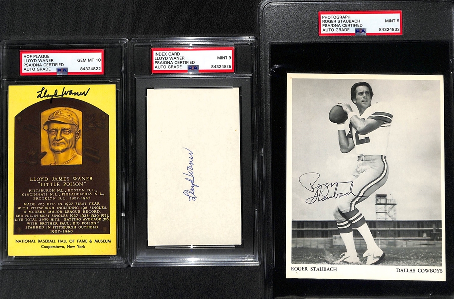 Autograph Lot - (2) Lloyd Waner (Yellow HOF Plaque & Index Card) and Roger Staubach 5 x 6.5 Souvenir Photo - All PSA/DNA Encased w. 9 or 10 Auto Grades