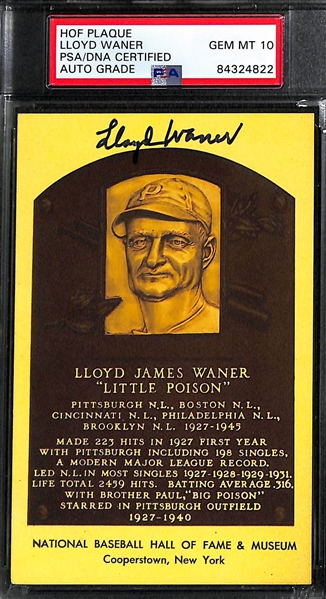 Autograph Lot - (2) Lloyd Waner (Yellow HOF Plaque & Index Card) and Roger Staubach 5 x 6.5 Souvenir Photo - All PSA/DNA Encased w. 9 or 10 Auto Grades